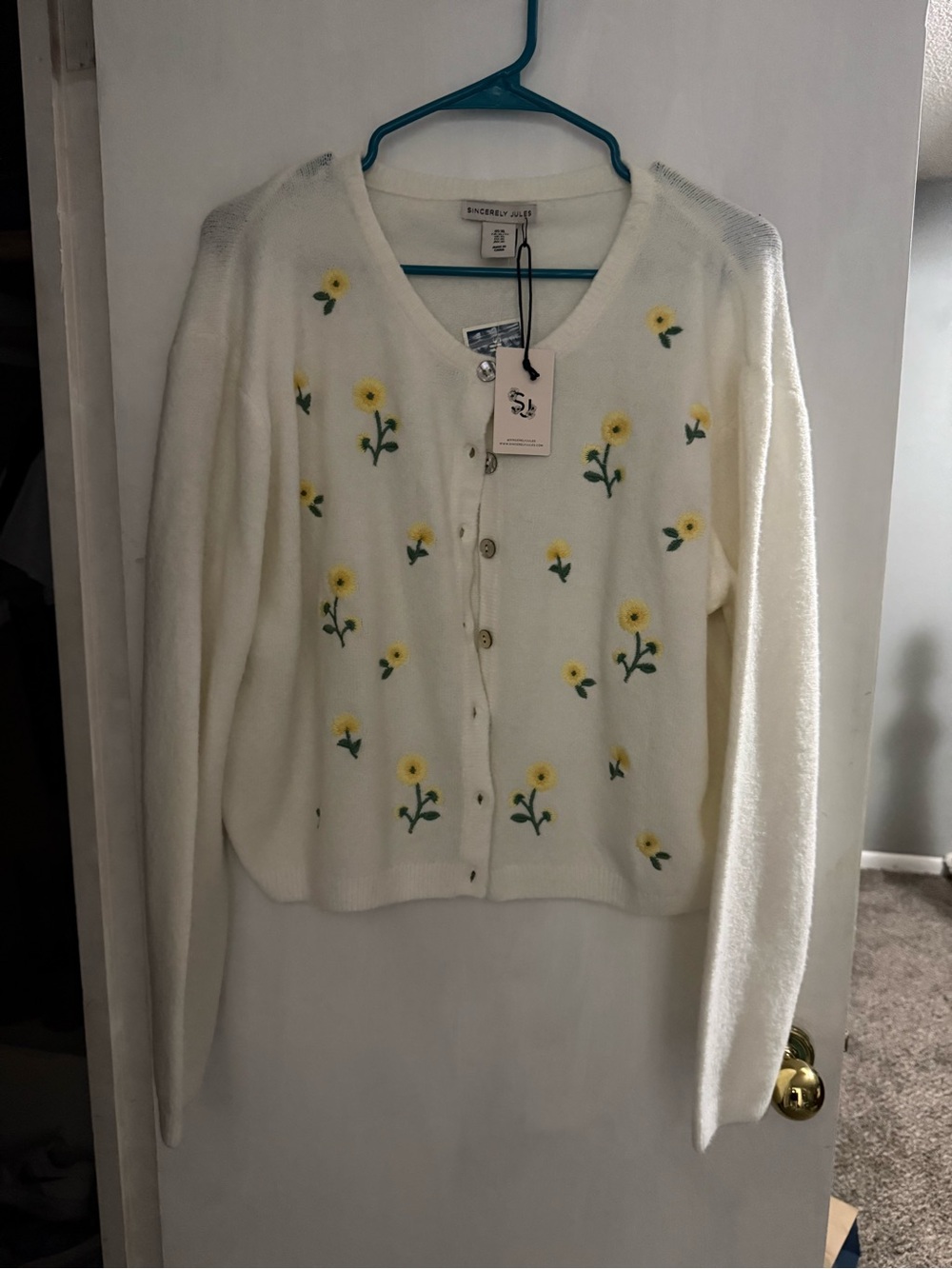 Sincerely Jules White Cardigan with Yellow Floral Embroidery